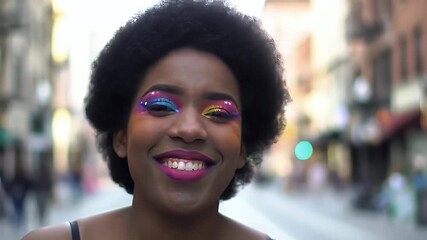 Smiling Young Woman with Creative Makeup Portrait in a Blurred Urban Setting with Blue and Yellow Glitter Eyeshadow and Bold Pink Lipstick