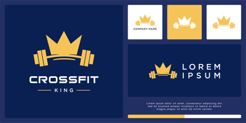 Crossfit king logo design with abstract barbell and crown combine