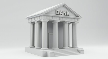 Fototapeta premium A 3D model of a classical bank building with white colors, featuring tall columns and a triangular roof, set against a light gray background. Focus on minimalism and symmetry.