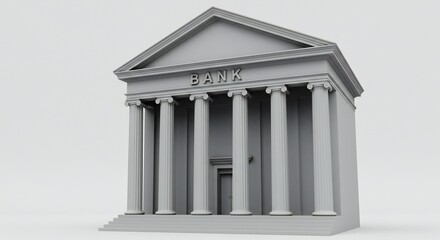 Obraz premium A detailed 3D model of a classical bank with towering columns, pediment, and 'BANK' inscription, rendered in monochrome gray, showcasing an authoritative architectural style.