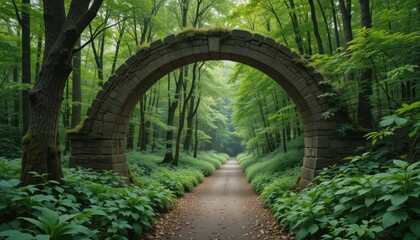 Naklejka premium Enchanted Forest Path: Stone Archway leading to a serene woodland trail