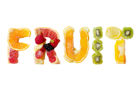 Colorful fruit spelling out the word "fruit" against a transparent background showcasing various vibrant fruits like oranges berries and kiwis