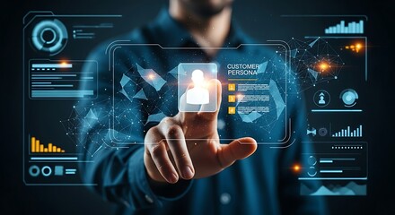 Customer persona creation concept. A marketer's hand views a single, minimal holographic customer profile with a few key highlighted traits.