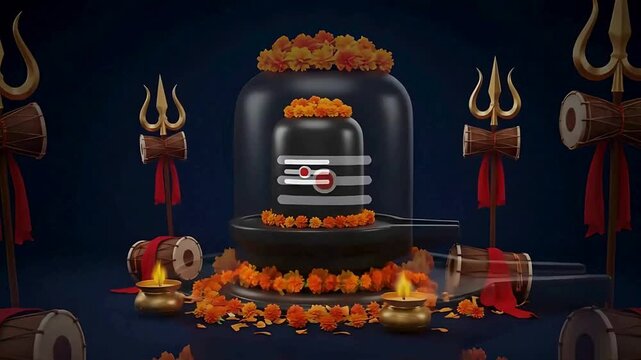 Spiritual Image of Lord Shiva Lingam with Festive Flowers and Instruments for Religious Devotion and Cultural Celebration