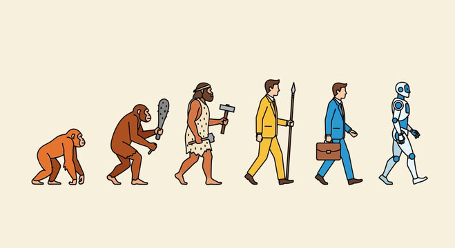 Illustration depicting the evolution of humans from ape to caveman to modern businessman to futuristic robot, showcasing technological advancement.
