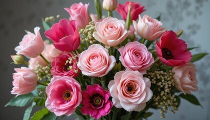 Stunning Bouquet of Pink Roses, Tulips, and Anemones