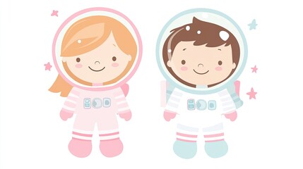 Two children in space suits, smiling, and ready for adventure.