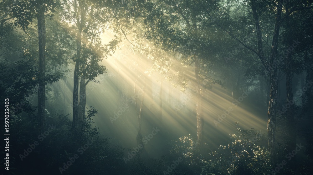 Poster sunlight streams through a misty forest, illuminating the trees and creating a serene, ethereal atmo