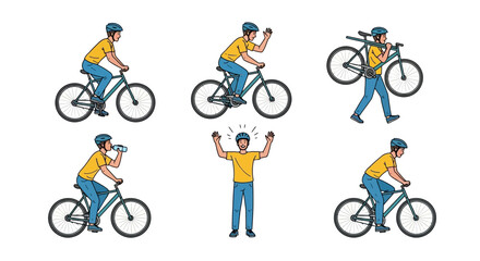 Fototapeta premium A set of illustrations depicting a cyclist in various actions: riding, celebrating, carrying the bike, and drinking water.