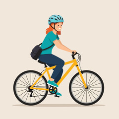 Obraz premium A young woman with red hair wearing a helmet and carrying a bag rides a yellow bicycle.
