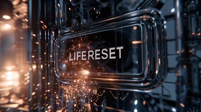 a surreal switch labeled "LIFE RESET" embedded in a mirror reflecting alternate futures, glowing lines and particles, dreamlike quality