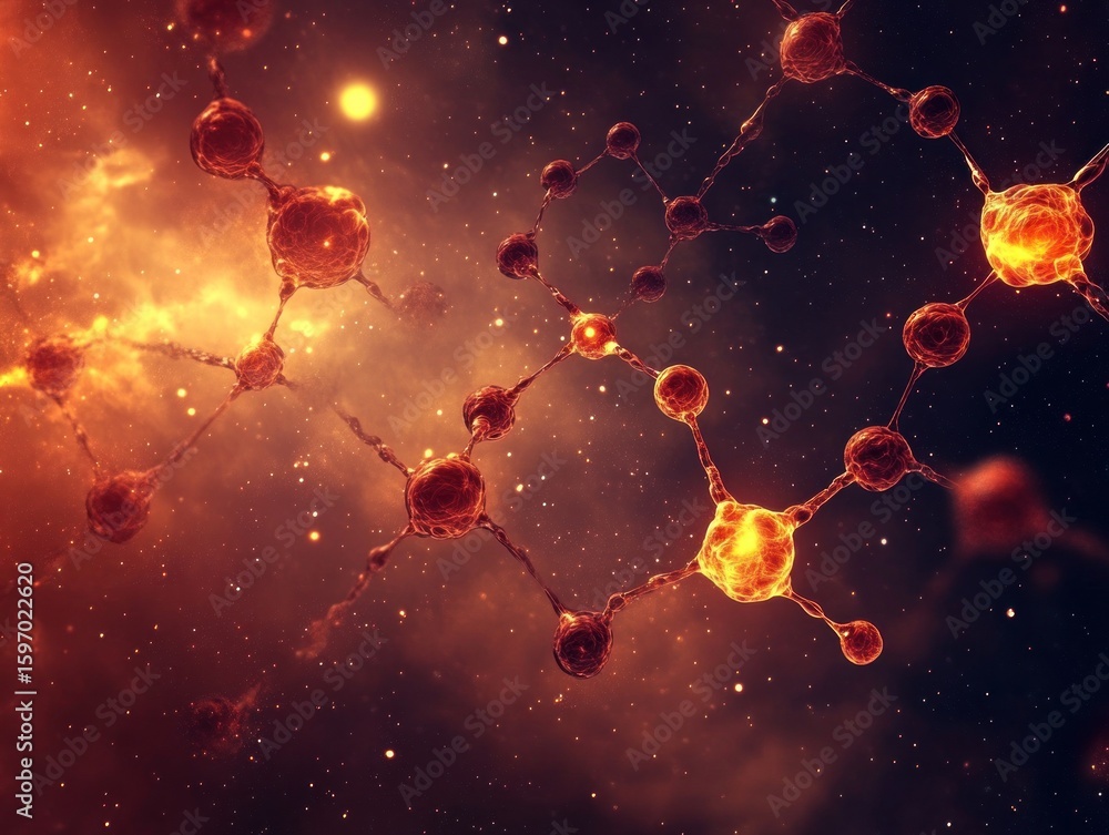Poster detailed molecular structure with glowing nodes and connecting strands creates a scientific and visu