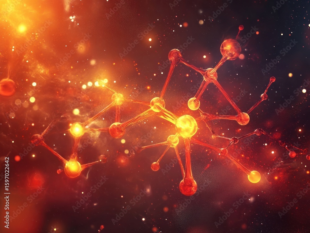 Poster molecular structure in a vibrant red and orange hue, showcasing scientific visualization and abstrac