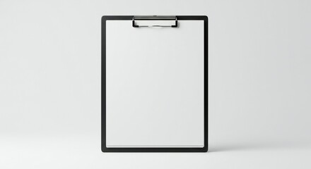 A black clipboard with a silver clip is centered against a plain white background, evoking minimalism and professionalism.