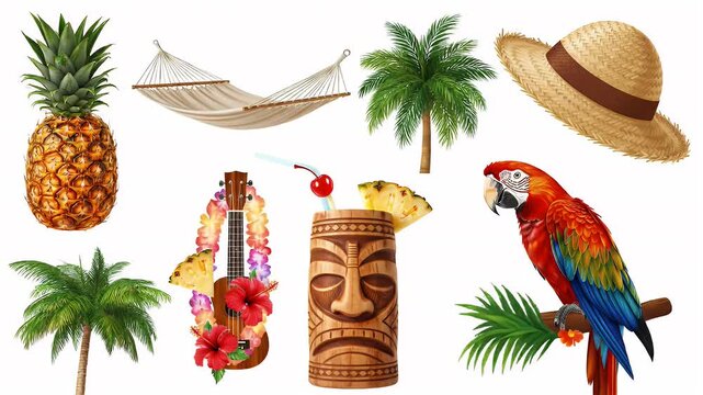 Assorted Tropical Summer Holiday Elements Isolated on White Background for Decoration