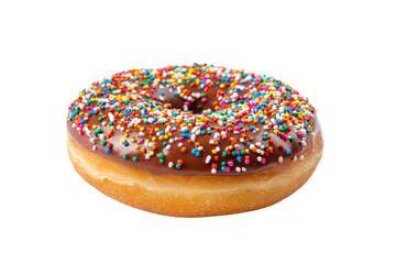 A delectable ring shaped confection is coated in a rich chocolate frosting sprinkled with a vibrant array of colorful sugar decorations perfect for indulging