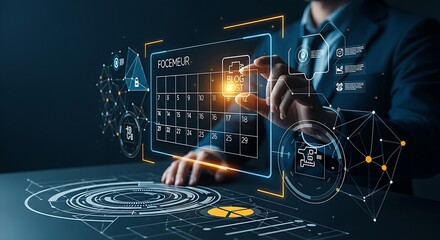 Content calendar and scheduling concept. A professional drags a simple "post" icon to a specific date on a clean, minimal holographic calendar.