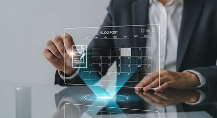 Content calendar and scheduling concept. A professional drags a simple "post" icon to a specific date on a clean, minimal holographic calendar.