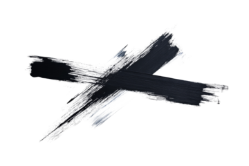 Abstract crossed brushstrokes of black paint on a transparent background creating a bold minimalist design with visible texture and a sense of movement