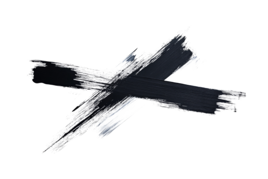 Abstract crossed brushstrokes of black paint on a transparent background creating a bold minimalist design with visible texture and a sense of movement