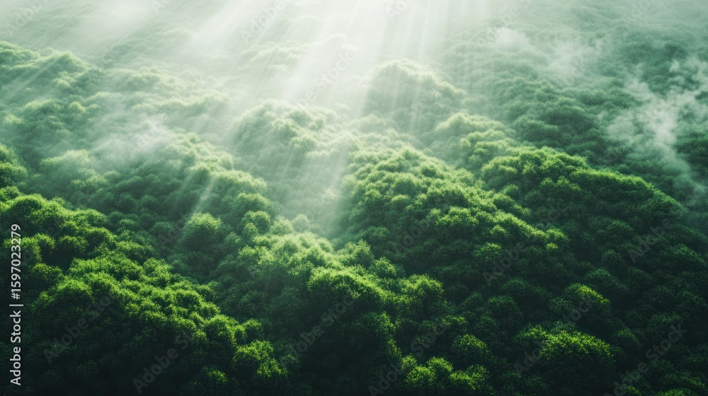 Poster lush green forest canopy bathed in ethereal sunlight, creating a serene and mystical atmosphere with