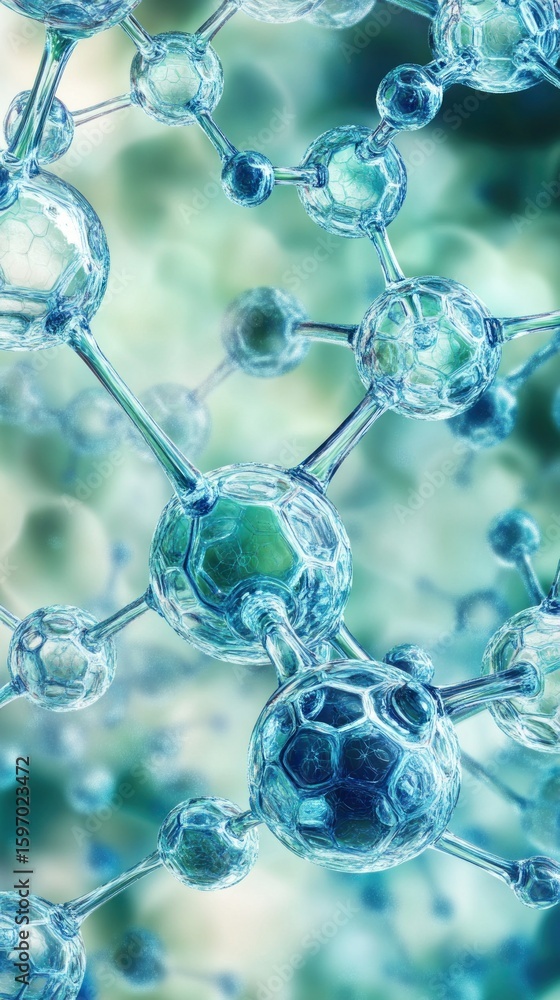 Poster molecular structure with interconnected spheres and bonds creates a visually compelling representati