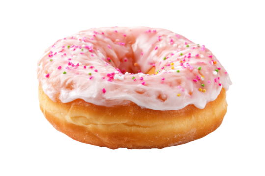A Delicious Pink Donut with Sprinkles: Indulge in a sweet treat! This tasty confection is sure to satisfy your cravings Great isolated image - Powered by Adobe