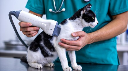 Black and white cat receiving ultrasound scan from veterinarian in clinic
