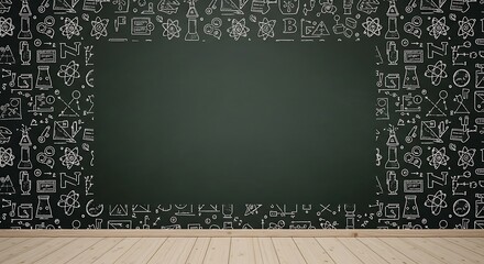 A chalkboard with a blank center, surrounded by hand-drawn science and education related doodles.