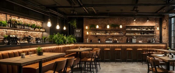 Warm and stylish restaurant with exposed ceilings and modern seating, Cozy urban café interior, Trendy café interior, Modern coffee shop, Rustic style café