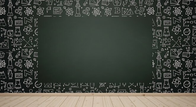 A chalkboard with a blank center, surrounded by hand-drawn science and education related doodles.