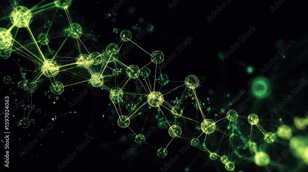 Poster glowing green network nodes connected by lines create a futuristic, abstract design perfect for scie