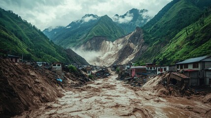 Mudslide devastation in a mountain valley.