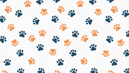 Clean white background with a playful pattern of navy blue and orange paw prints. Cheerful, seamless vector for pet-related designs