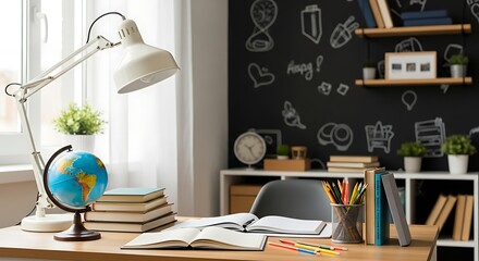 Study space with a desk, lamp, globe, books, and chalkboard wall featuring drawings, creating a cozy learning environment.