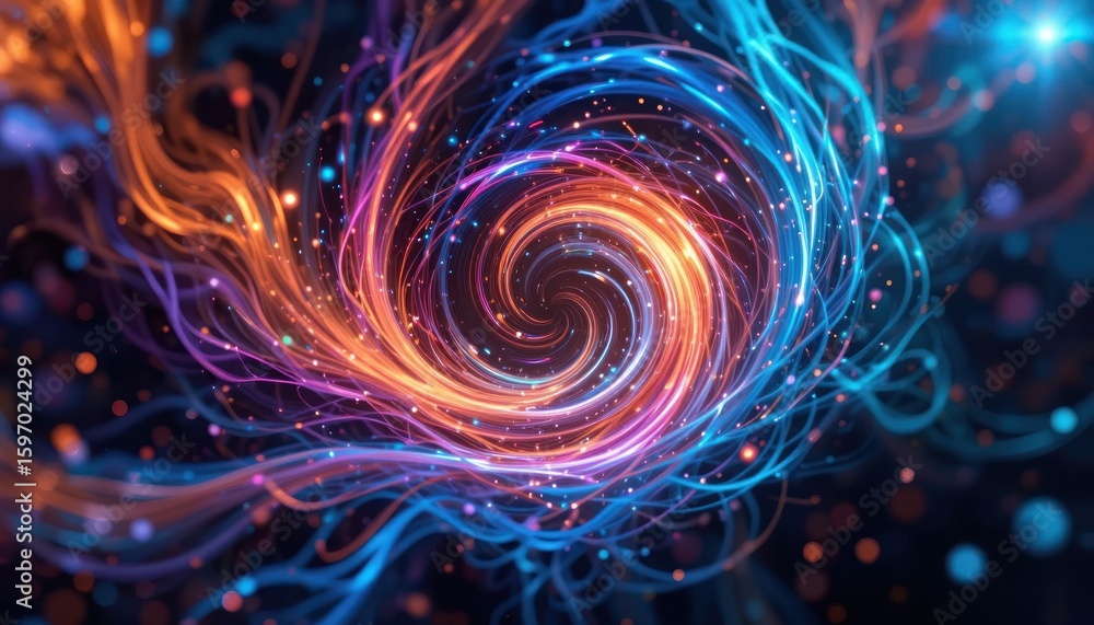 Poster abstract vortex of light and energy: a mesmerizing swirl of vibrant colors and luminous particles, e