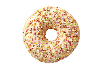 Delicious donut coated with vanilla icing and topped with colorful sprinkles isolated on a transparent background Sweet treat for dessert or a snack
