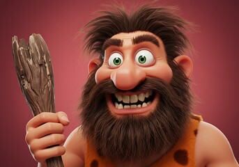 3D cartoon caveman smiling with wooden club
