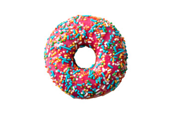 Delicious donut with a vibrant pink glaze and a generous topping of colorful sprinkles a perfect sweet treat against a transparent background