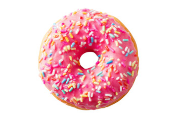A delightful treat! A frosted donut topped with a generous showering of colorful sprinkles; a sweet indulgence that brings instant joy