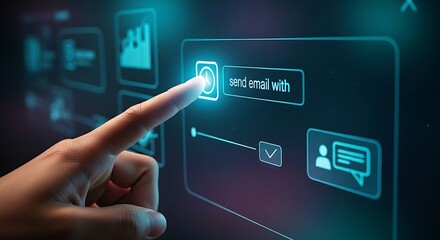 Email scheduling and marketing automation. A finger touches a "send later" icon (email with a clock) on a simple holographic interface.