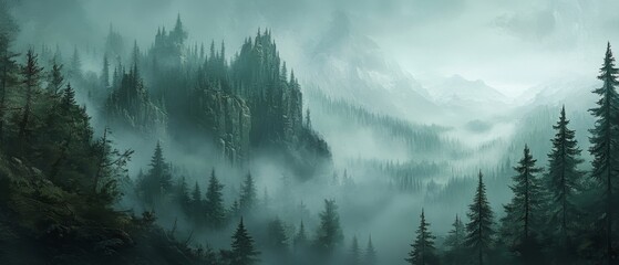 Morning landscape of a forested mountain shrouded in mist