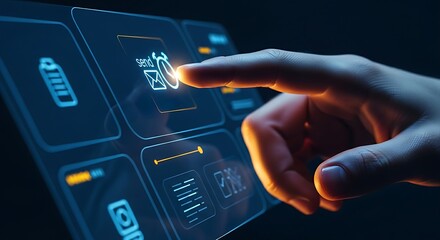 Email scheduling and marketing automation. A finger touches a "send later" icon (email with a clock) on a simple holographic interface.