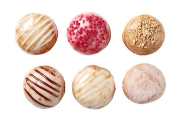 Elevated shot of six flavorful pastries in a neat row They showcase distinct toppings, glaze nuts chocolate drizzle and raspberry