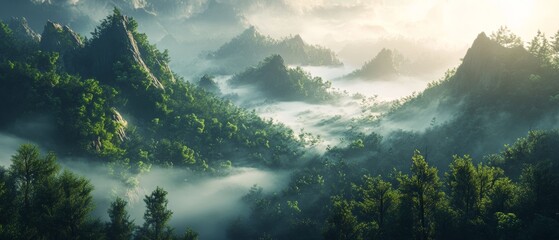 Morning landscape of a forested mountain shrouded in mist