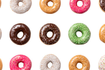A grid of freshly baked and colorful donuts, Glazed sprinkled sugared and chocolate these donuts are sure to brighten your day