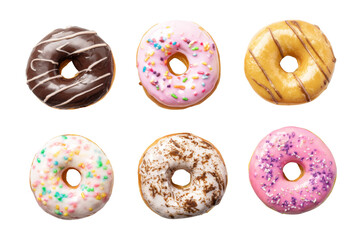 Colorful glazed donuts arranged on a transparent background Close up overhead shot showing various frosting colors and sprinkles perfect for a sweet treat