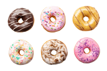 Colorful glazed donuts arranged on a transparent background Close up overhead shot showing various frosting colors and sprinkles perfect for a sweet treat