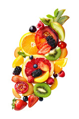 An arrangement of various fruits including oranges grapefruits strawberries blueberries raspberries blackberries peaches and kiwis against a transparent background