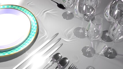 The tablescape background image created by 3D modeling. set a formal dining table. tablecloth wrinkles.
